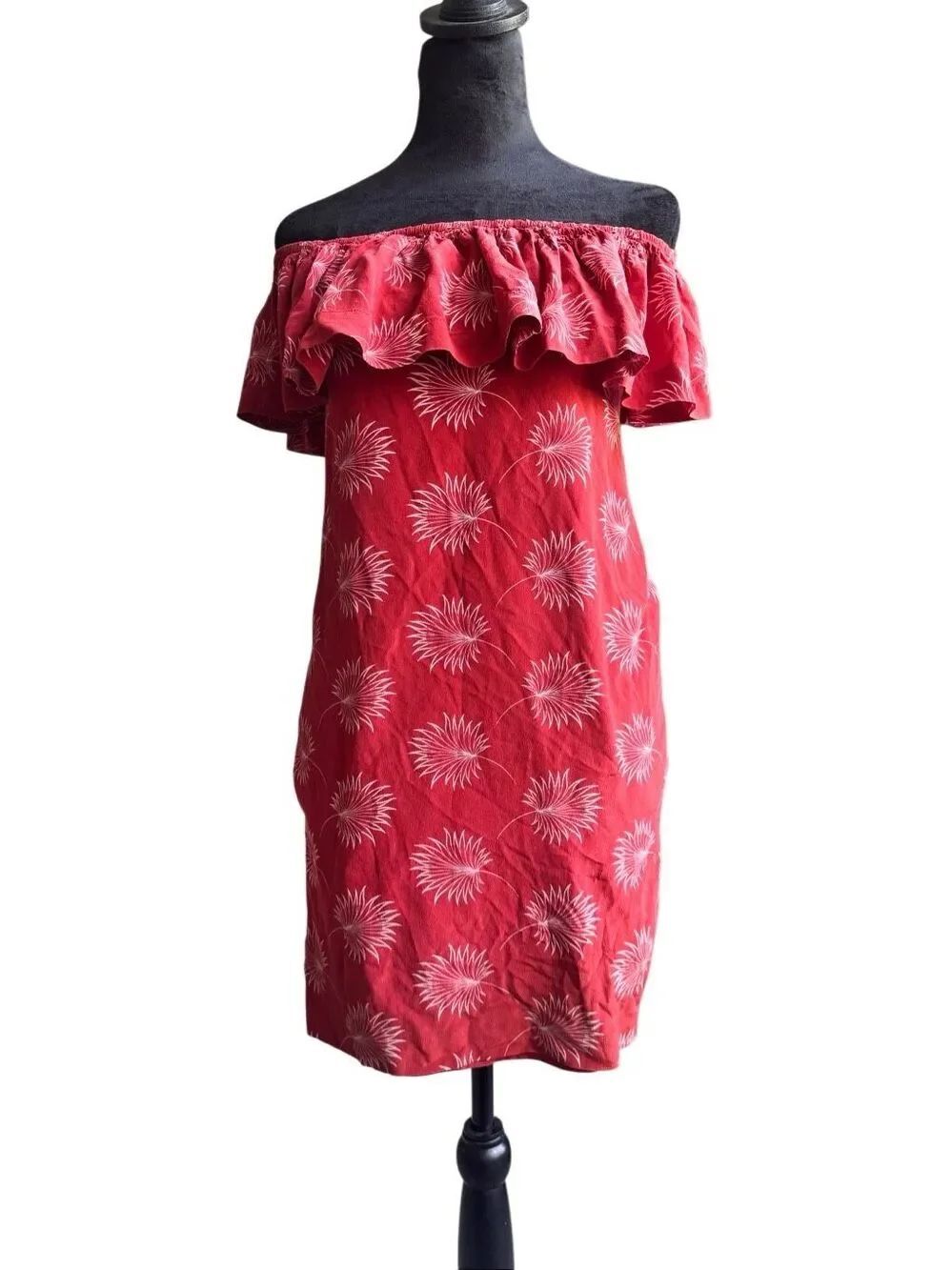 Madewell 100% Silk Off Shoulder Ruffle Dress Burnt Red Palm Print XS